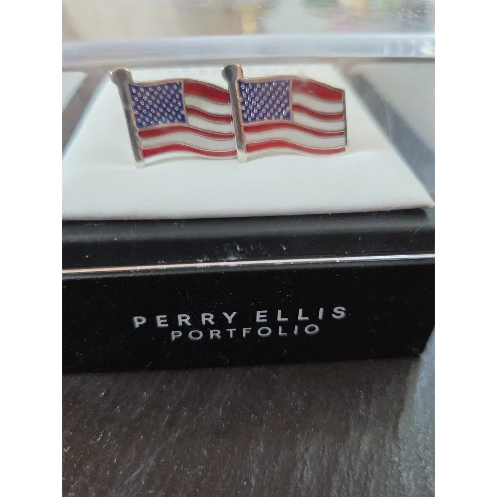 Perry Ellis Portfolio Men's American Flag Silver-Tone Toggle Cuff Links NEW! $40